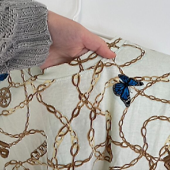 GUESS Dolly Bow Tee / All Over Print T-Shirt Chain Butterfly Tie Knot Crop Top - Picture 5 of 12